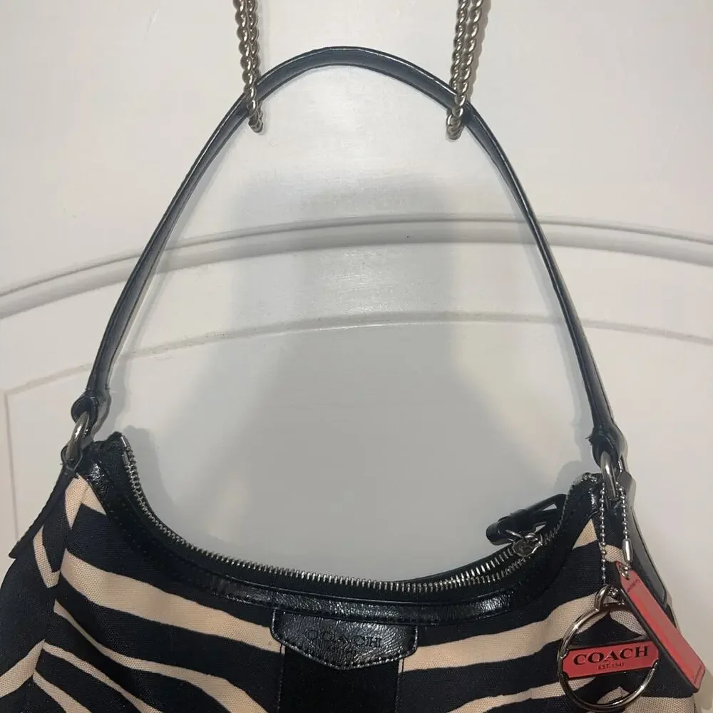 Coach Signature Zebra Stripe Black & Tan Canvas Shoulder Purse